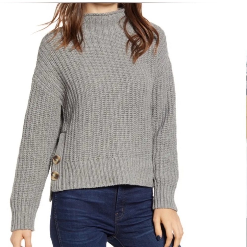 Women’s Madewell Mockneck Side-Button Ribbed Knit Wool Blend Sweater Gray Sz M